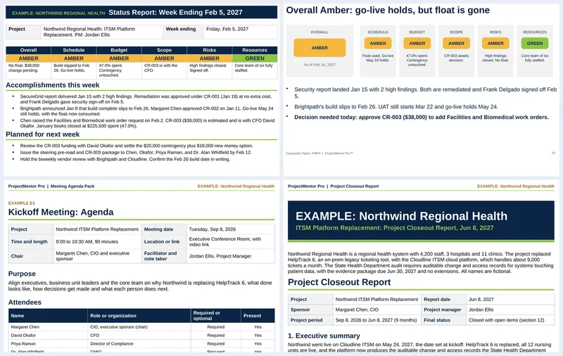 Screenshots from templates in the Communication and Closeout Pack
