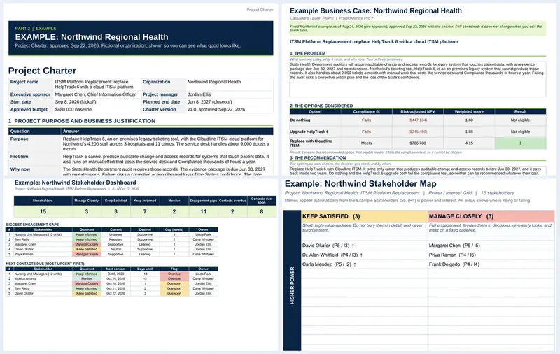 Screenshots from templates in the Initiation and Planning Pack