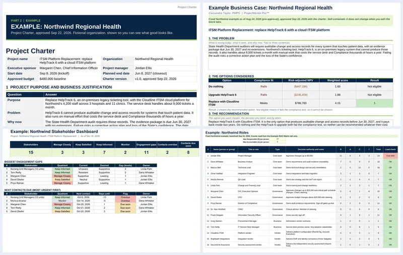 Screenshots from templates in the Project Kickoff Kit
