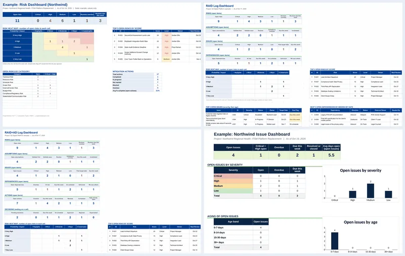 Screenshots from templates in the Risk and Issue Command Center