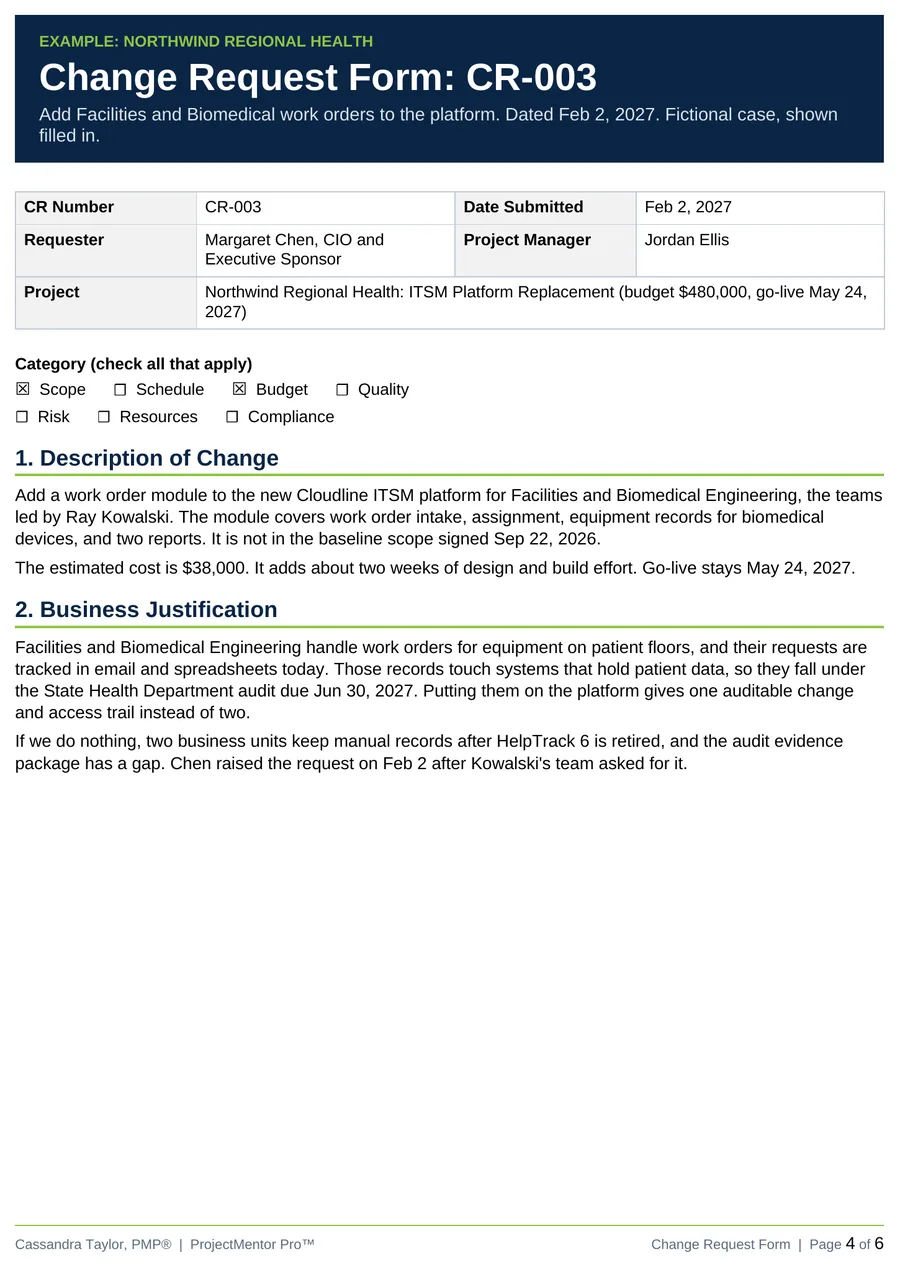Example change request CR-003, page 4 of 6: request details, category, description of change and business justification for the $38,000 Facilities and Biomedical work orders. Sample data.
