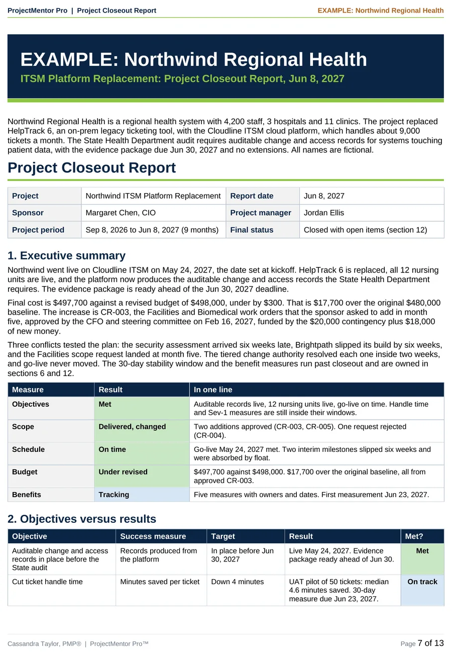 Example closeout report page 1: executive summary and objectives versus results for Northwind, Jun 8, 2027. Sample data.