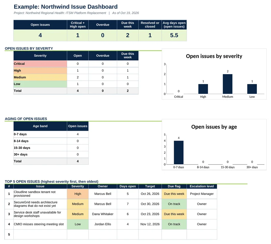 Example Issue Dashboard tab: open issues, critical and high, overdue, due this week, open issues by severity and by age, and the top 5 open issues. Sample data.