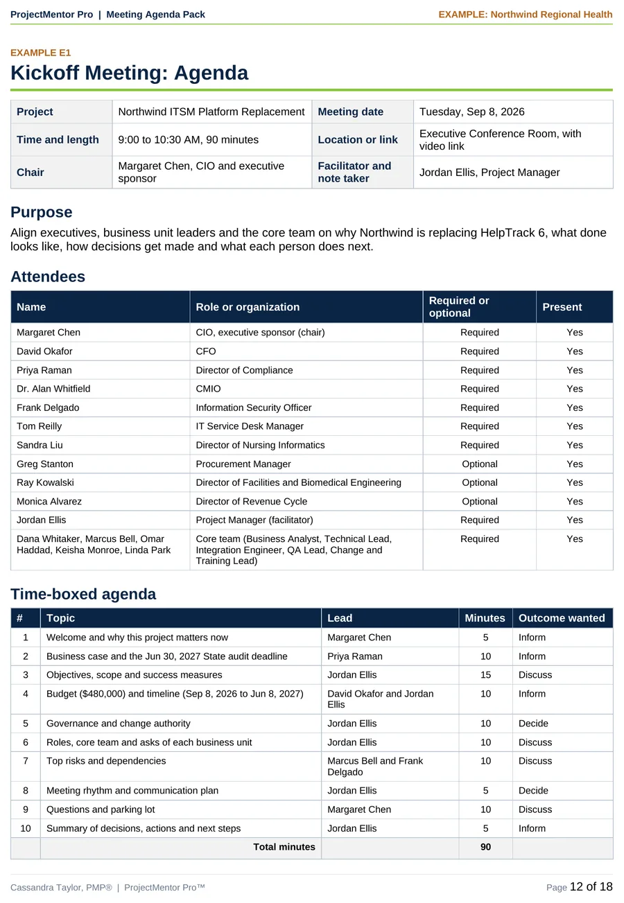 Example E1: Northwind kickoff meeting agenda with time-boxed topics, leads and outcomes. Sample data.