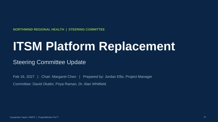 Example deck slide 11: title slide for the Feb 16, 2027 Northwind steering committee. Sample data.